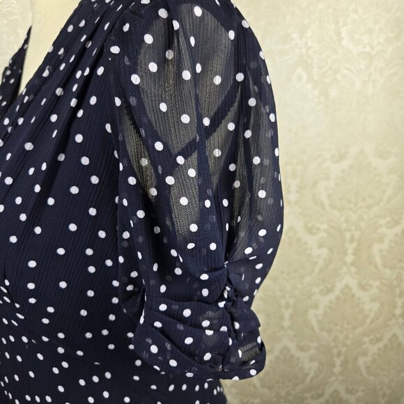 DKNY Size 4 Navy Blue Midi Dress White Polka Dots Vneck Sheer Ruched Sleeves - Picture 8 of 15